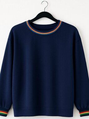 Womens Sweater Crewneck Long Sleeve Rainbow Striped Plain Fuzzy Sweatshirt